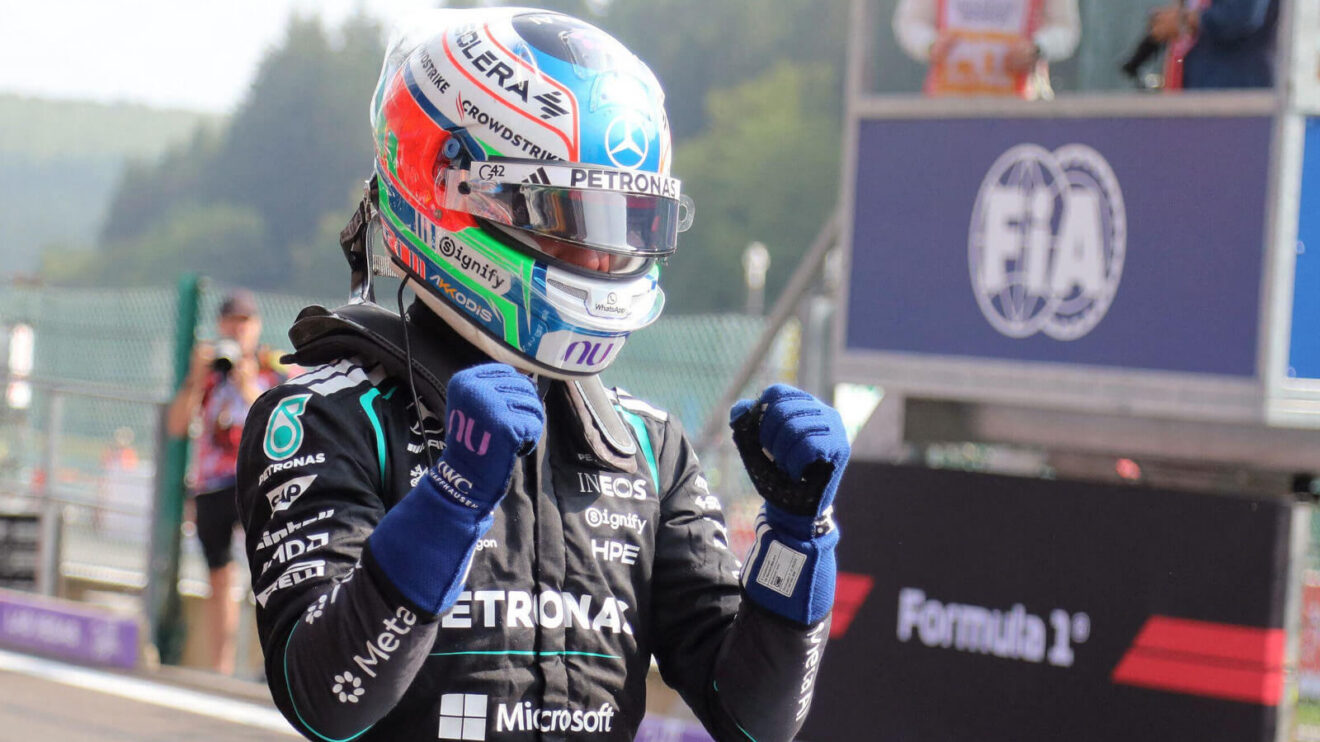 Kimi Antonelli celebrates with his fist raised