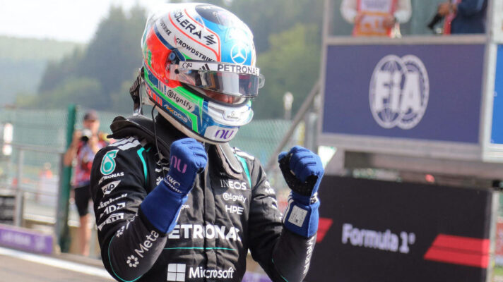 Kimi Antonelli celebrates with his fist raised