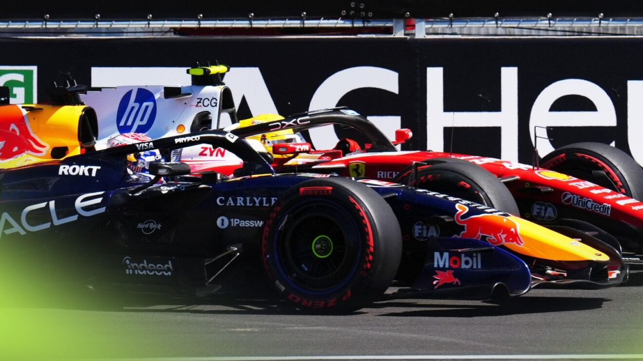 Max Verstappen, Red Bull and Lewis Hamilton, Ferrari, in battle at the 2026 Spanish Grand Prix