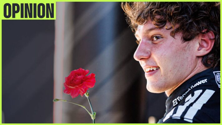 A close-up shot of Kimi Antonelli smiling as he holds a red rose with an 'opinion' tab in the top-left corner