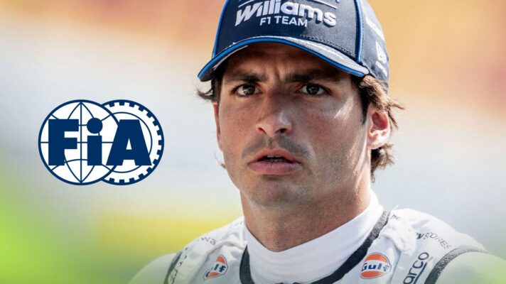 Carlos Sainz, Williams, pictured at the 2026 Spanish Grand Prix, as an FIA logo appears on the left