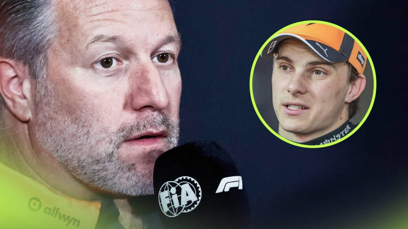Zak Brown holds a microphone in a press conference with an inset of Oscar Piastri alongside him