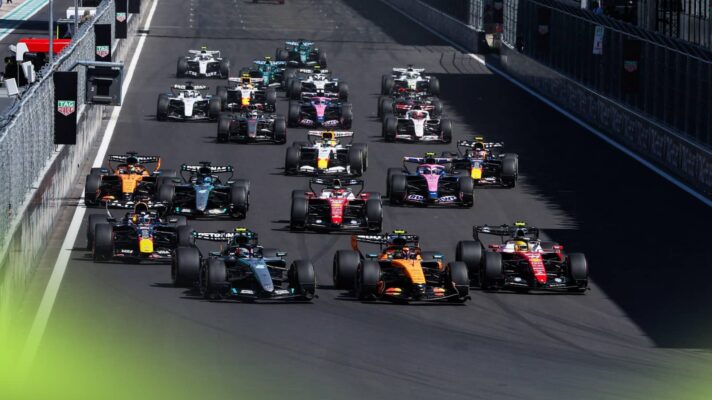 The field enters the first corner at the start of the Spanish Grand Prix in Madrid