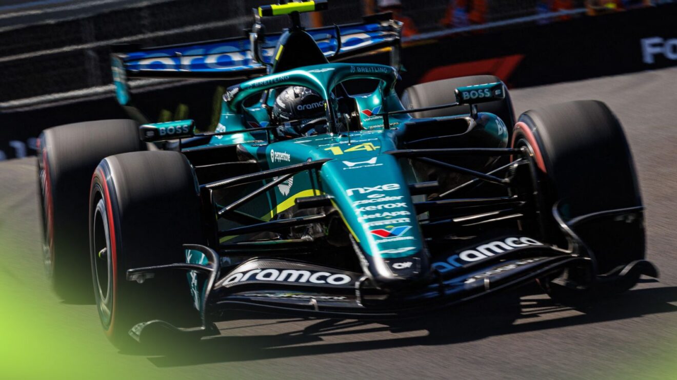 Fernando Alonso driving the Aston Martin AMR26, powered by Honda, at the 2026 Spanish Grand Prix