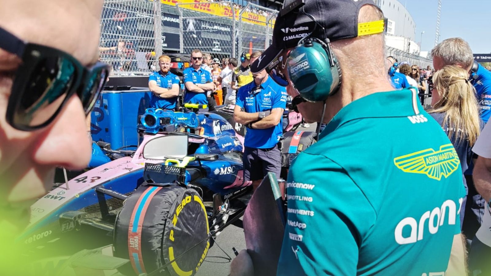 Aston Martin team principal Adrian Newey inspects Franco Colapinto's Alpine at the 2026 Spanish Grand Prix 