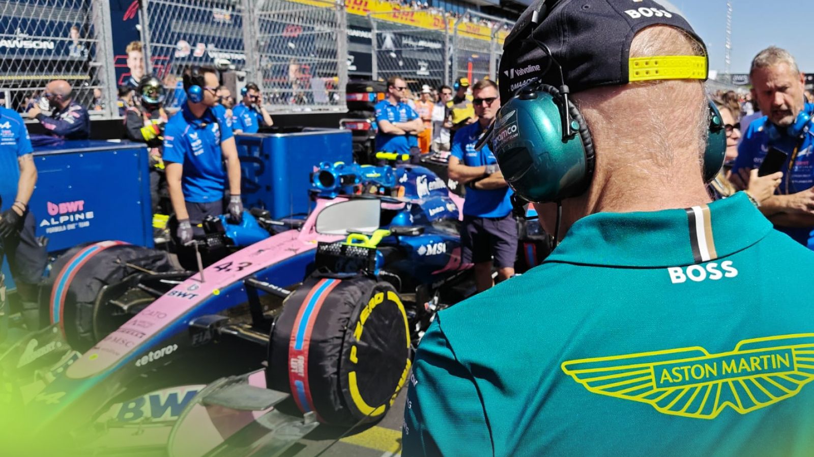Aston Martin team principal Adrian Newey inspects Franco Colapinto's Alpine at the 2026 Spanish Grand Prix 