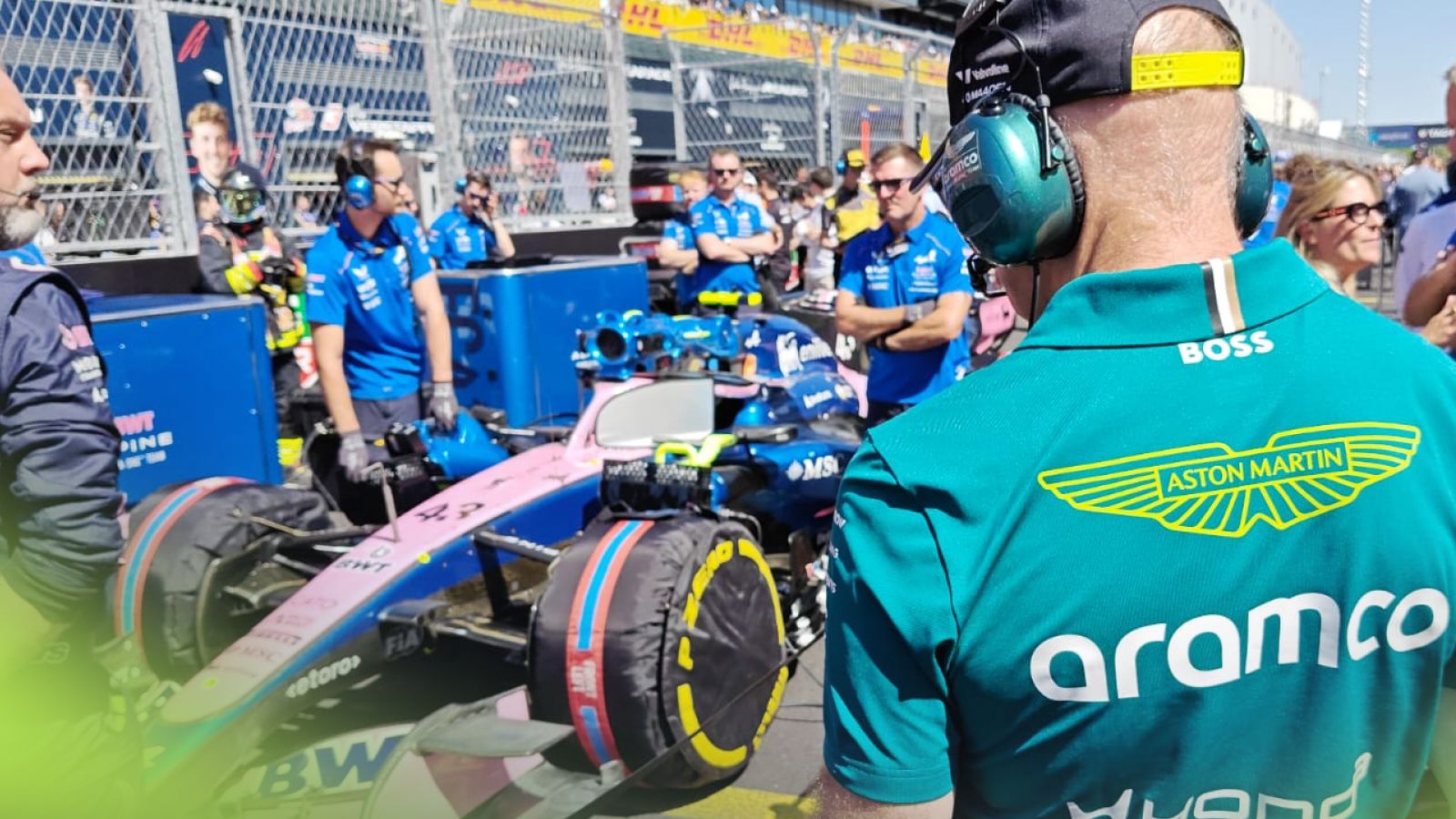 Aston Martin team principal Adrian Newey inspects Franco Colapinto's Alpine at the 2026 Spanish Grand Prix