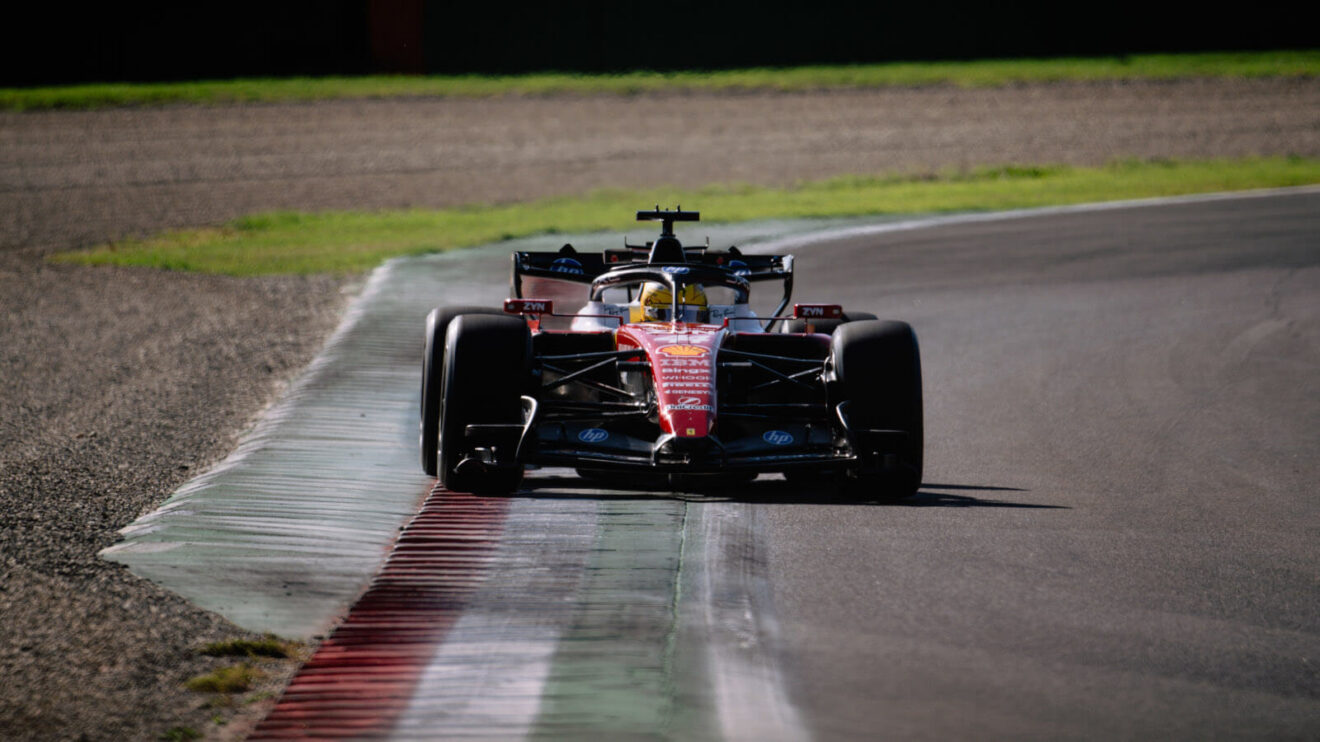 Lewis Hamilton lapping the Imola circuit in a Pirelli tyre test