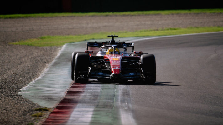 Lewis Hamilton lapping the Imola circuit in a Pirelli tyre test