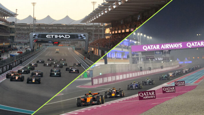 A split image of the 2025 Abu Dhabi and Qatar Grands Prix.