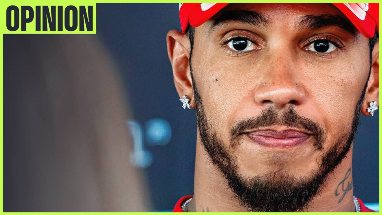 A close-up shot of Lewis Hamilton with an 'opinion' tab in the top-left corner