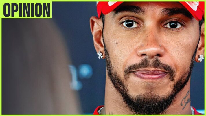 A close-up shot of Lewis Hamilton with an 'opinion' tab in the top-left corner