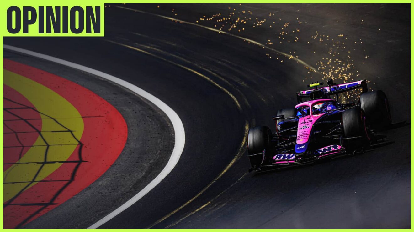 Franco Colapinto's Alpine kicks up a shower of sparks as he rounds La Monumental with an 'opinion' tag in the top-left corner