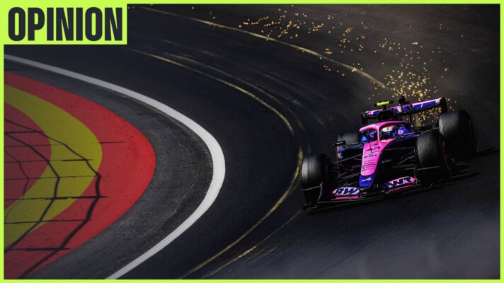 Franco Colapinto's Alpine kicks up a shower of sparks as he rounds La Monumental with an 'opinion' tag in the top-left corner
