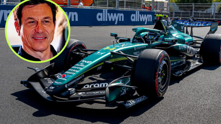 Fernando Alonso in the Aston Martin on the track, Toto Wolff in the circle