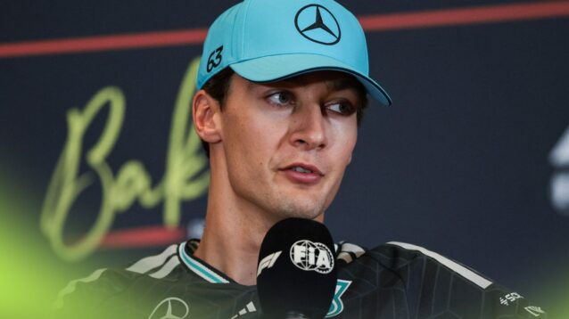 George Russell, Mercedes, speaks to the media at the 2026 Azerbaijan Grand Prix