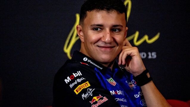 Isack Hadjar wearing a wrist guard during FIA driver press conference in Baku.