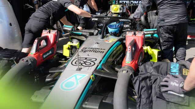 George Russell in the Mercedes garage iun Baku