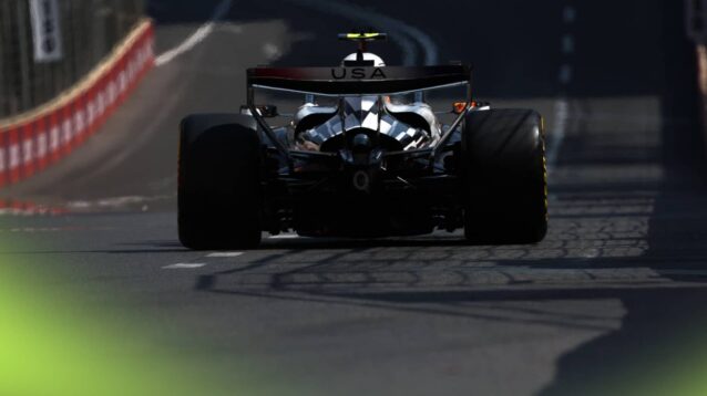 A rear-facing shot of Valtteri Bottas's Cadillac on track in Baku
