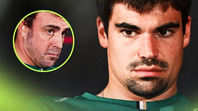Lance Stroll in a press conference with an inset of Fernando Alonso