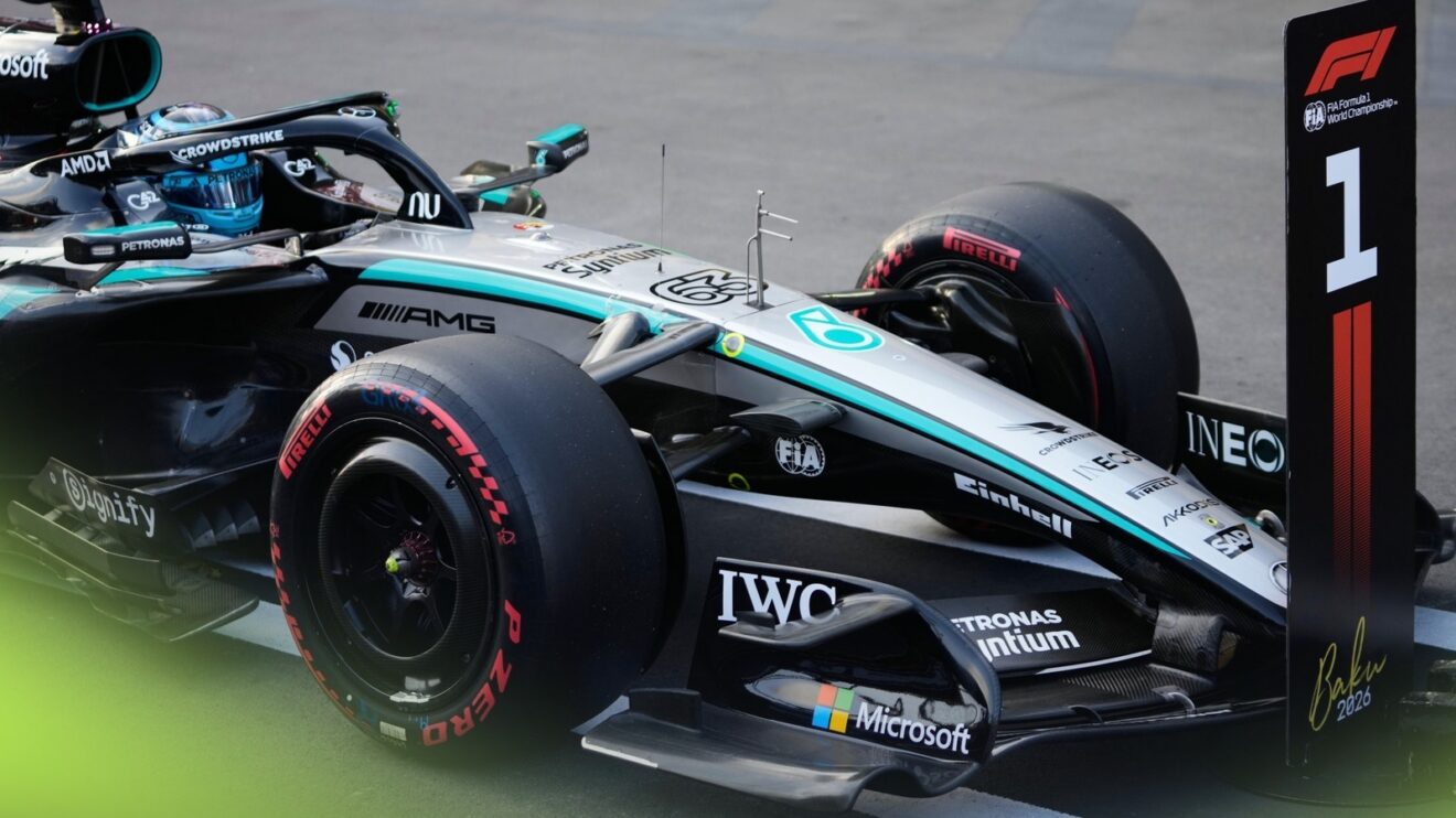 George Russell pulls his Mercedes into parc ferme following qualifying at the Azerbaijan Grand Prix.