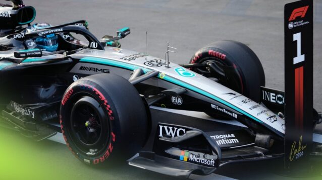 George Russell pulls his Mercedes into parc ferme following qualifying at the Azerbaijan Grand Prix.