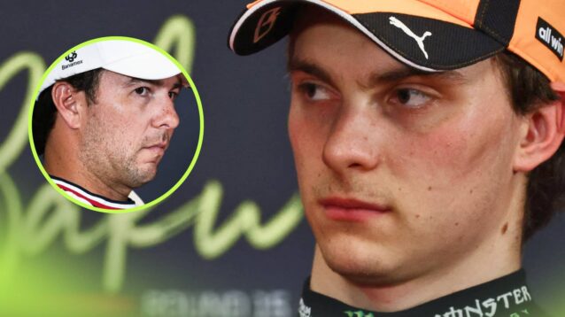 Oscar Piastri glances to his right in a press conference with an inset of Sergio Perez alongside him