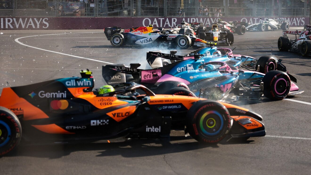 Lando Norris, Pierre Gasly, and Franco Colapinto all spin at Turn 1 in the Azerbaijan Grand Prix following contact by Colapinto.