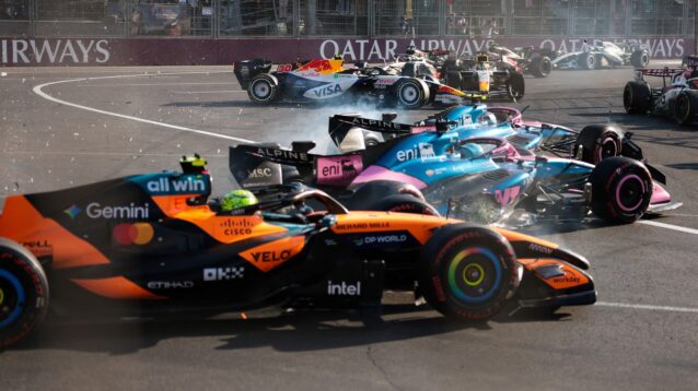 Lando Norris, Pierre Gasly, and Franco Colapinto all spin at Turn 1 in the Azerbaijan Grand Prix following contact by Colapinto.
