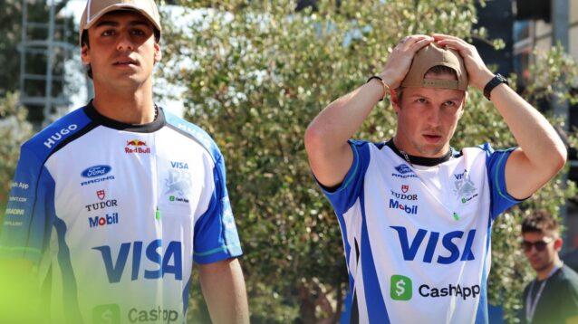 Arvid Lindblad, left, and Liam Lawson, right, of Racing Bulls pictured at the 2026 Azerbaijan Grand Prix