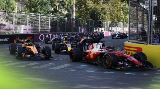 Charles Leclerc leads a train of cars at the 2026 Azerbaijan Grand Prix