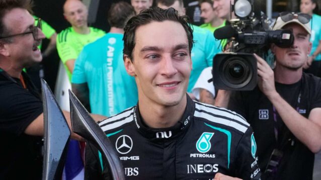 George Russell celebrates after winning the Azerbaijan Grand Prix.