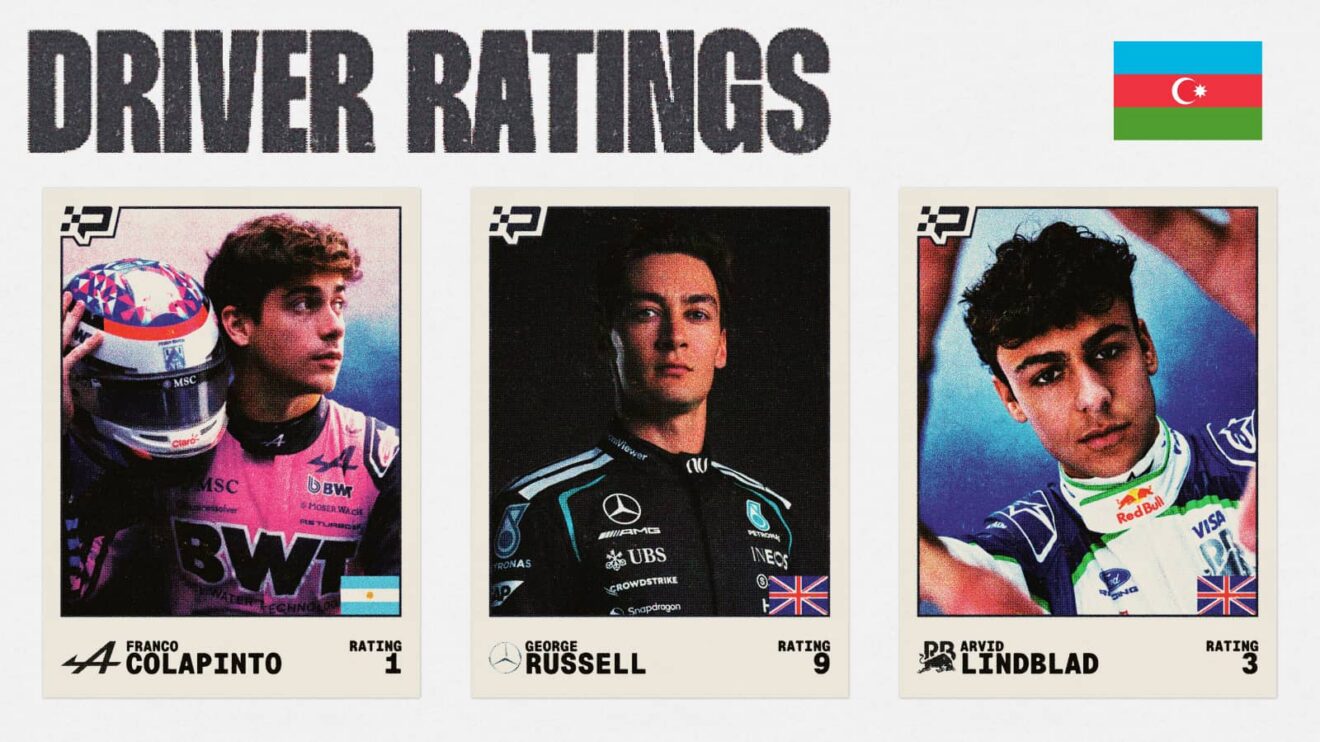 A composite showing Franco Colapinto, George Russell, and Arvid Lindblad and rating their performances in the Azerbaijan Grand Prix.