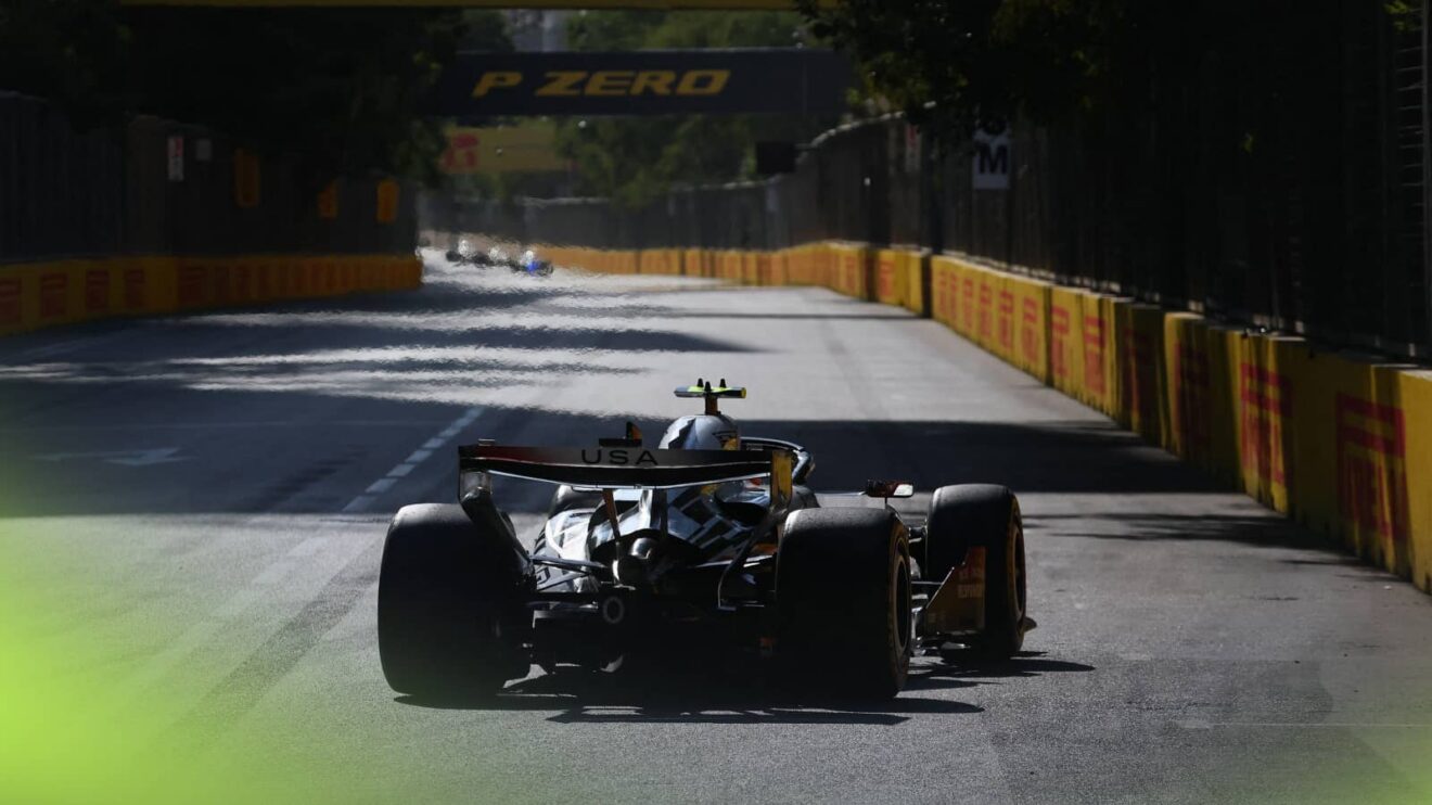 Valtteri Bottas's Cadillac on track at a sunny Baku