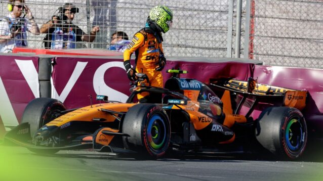 Lando Norris looks towards the back of his crashed McLaren after being spun out of the 2026 Azerbaijan Grand Prix.