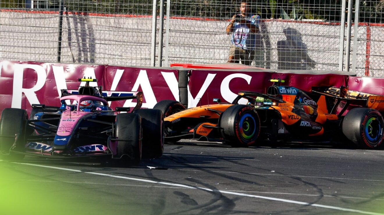 Franco Colapinto, Alpine and Lando Norris, McLaren, pictured after a 2026 Azerbaijan Grand Prix collision