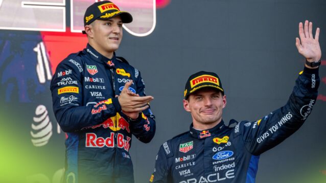 Hadjar and Verstappen on the Baku podium