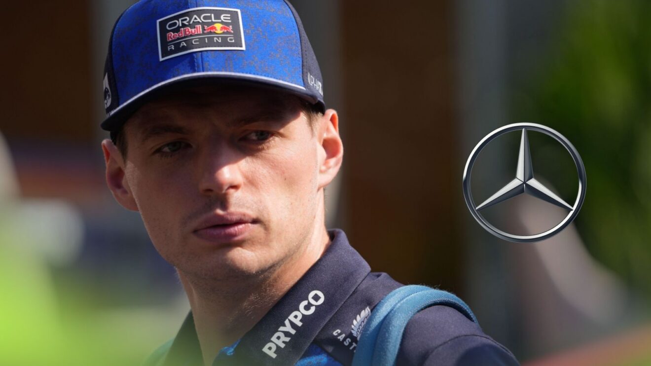 Max Verstappen, Red Bull, pictured at the 2026 Azerbaijan Grand Prix as a Mercedes logo appears on the right