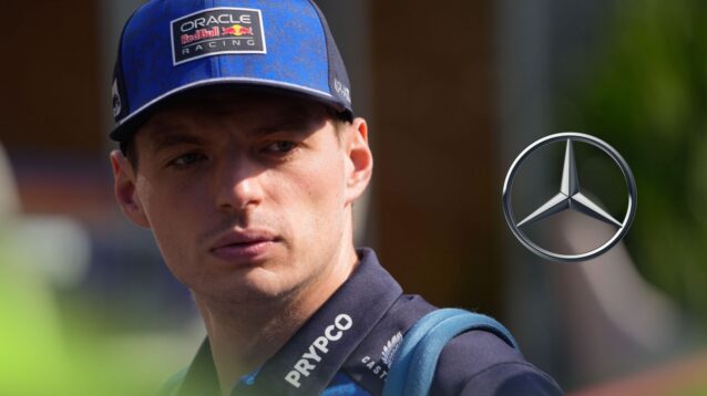 Max Verstappen, Red Bull, pictured at the 2026 Azerbaijan Grand Prix as a Mercedes logo appears on the right