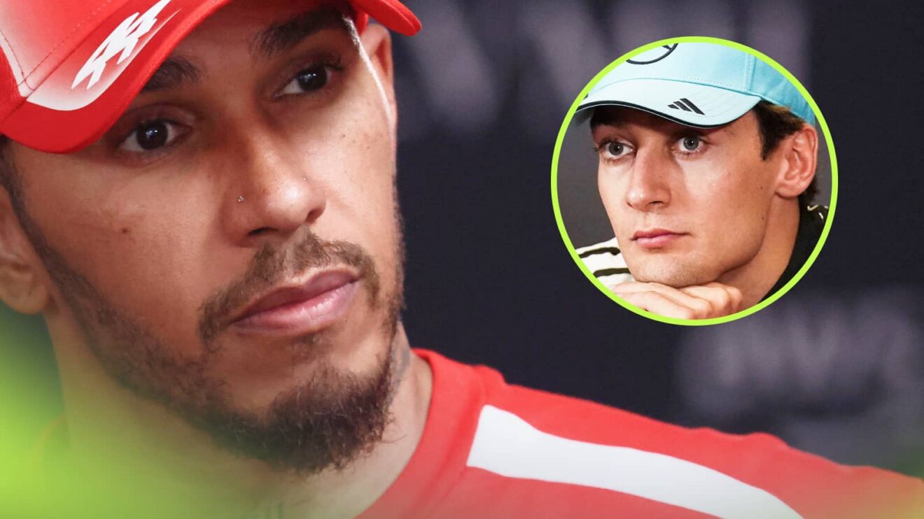 Lewis Hamilton looks on while wearing a red Ferrari t-shirt and cap with an inset of George Russell