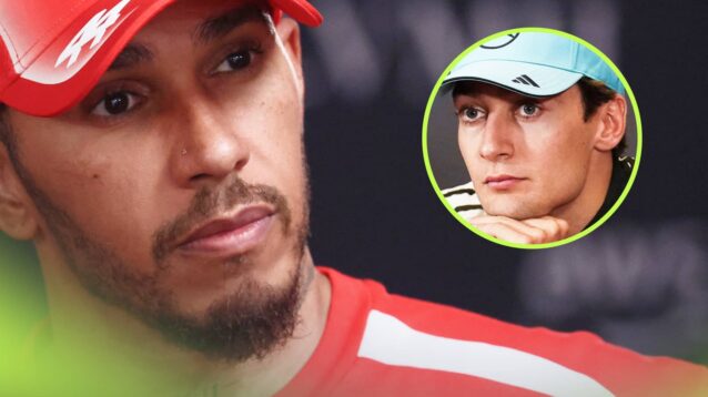 Lewis Hamilton looks on while wearing a red Ferrari t-shirt and cap with an inset of George Russell