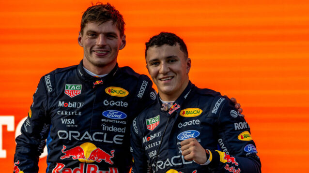 Max Verstappen and Isack Hadjar celebrate, fist pump from Hadjar