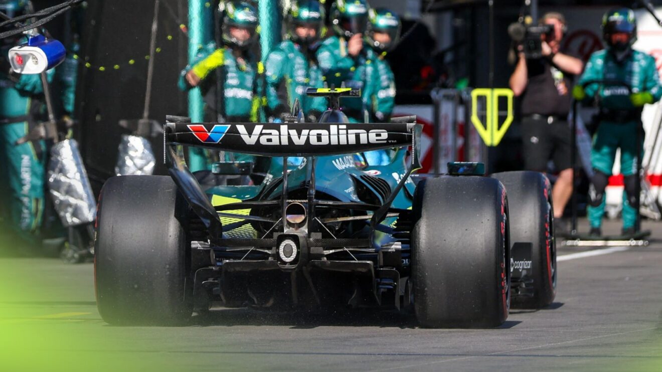 Fernando Alonso pulls into the Aston Martin pit box at the 2026 Azerbaijan Grand Prix