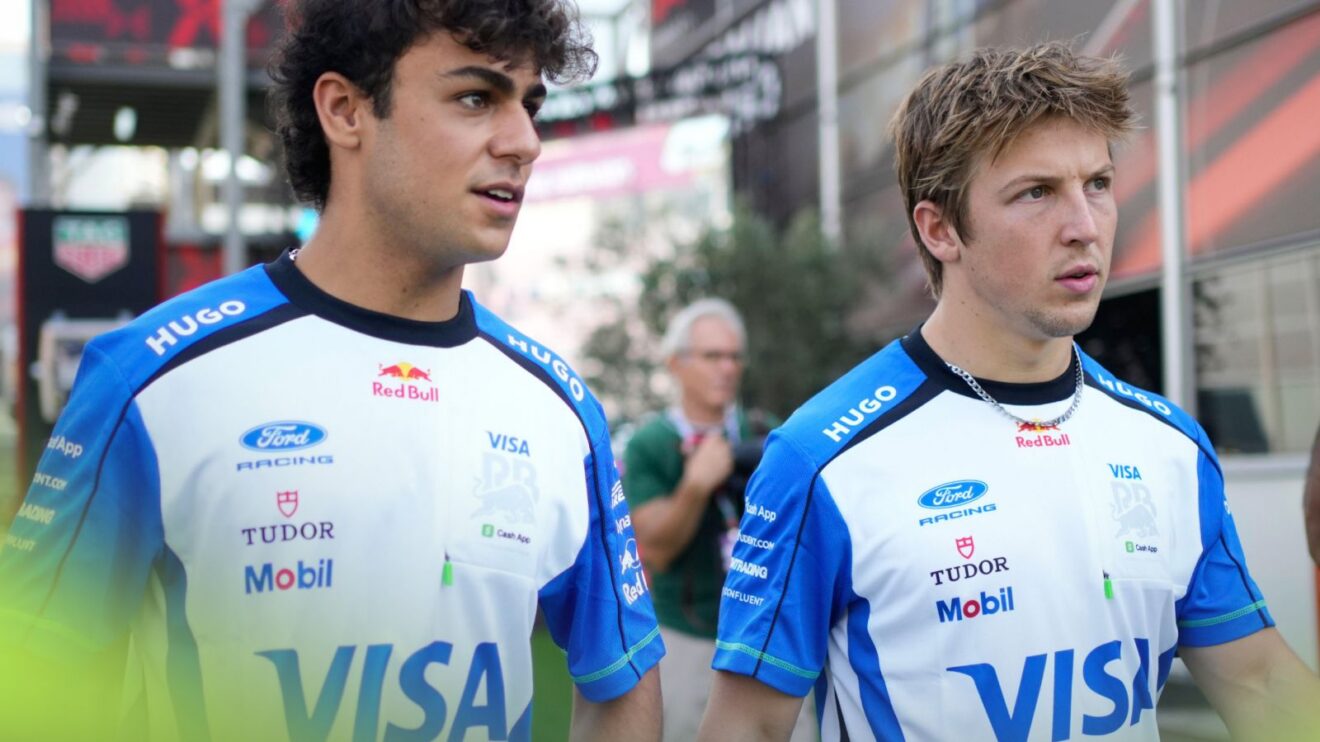 Arvid Lindblad and Liam Lawson, Racing Bulls, pictured in the 2026 Azerbaijan Grand Prix paddock