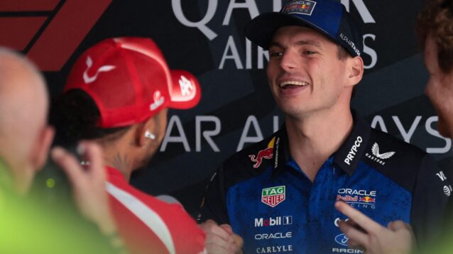 Lewis Hamilton, Ferrari and Max Verstappen, Red Bull, in discussion at the 2026 Azerbaijan Grand Prix.