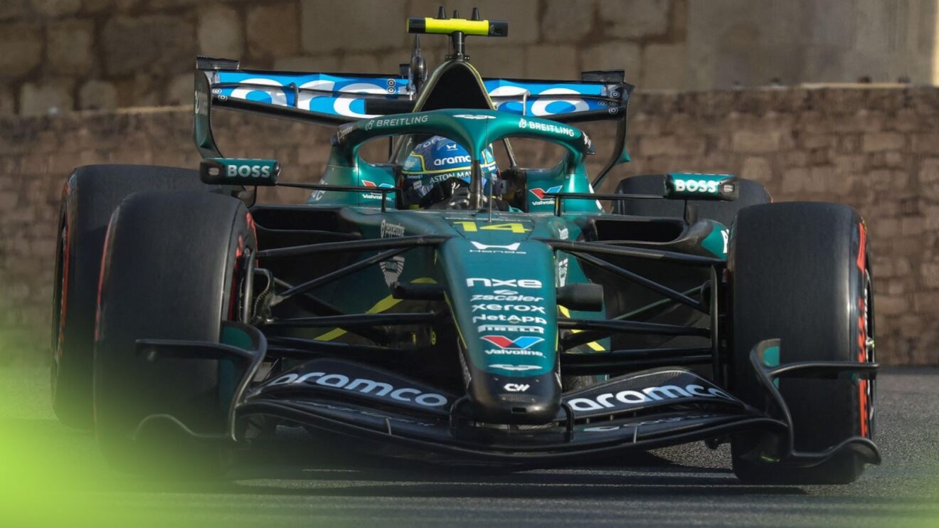 Fernando Alonso driving the Aston Martin AMR26, powered by Honda, at the 2026 Azerbaijan Grand Prix