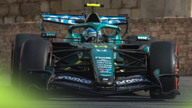 Fernando Alonso driving the Aston Martin AMR26, powered by Honda, at the 2026 Azerbaijan Grand Prix