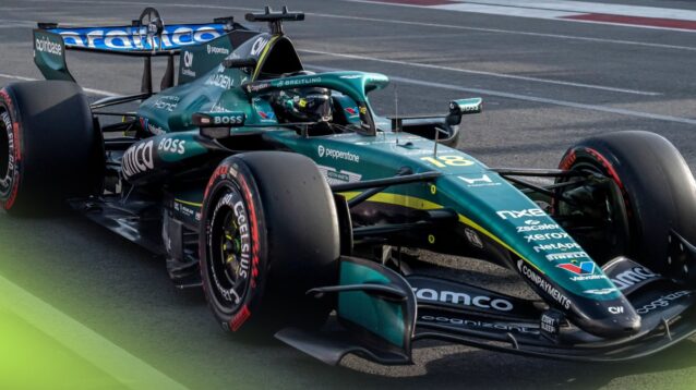 Lance Stroll at the wheel of the Aston Martin AMR26, powered by Honda, at the 2026 Azerbaijan Grand Prix