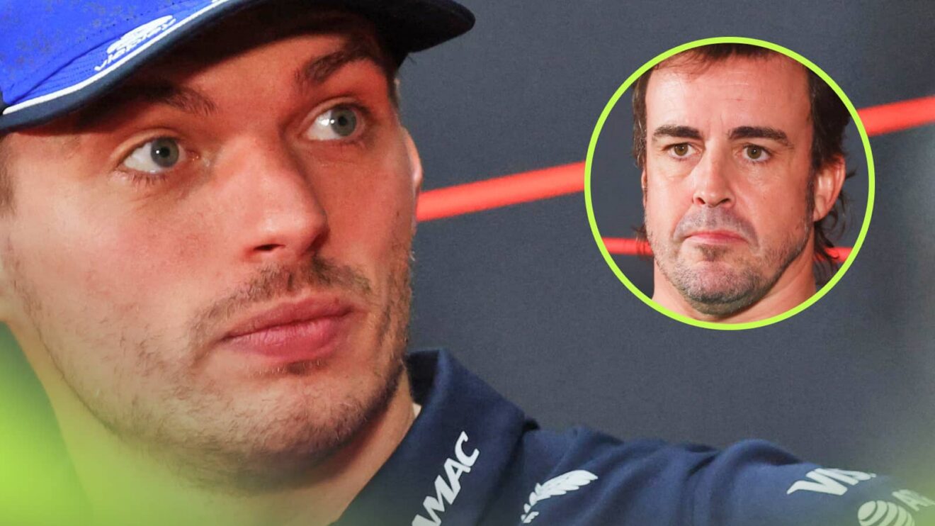 Max Verstappen looks surprised in a press conference with an inset of Fernando Alonso
