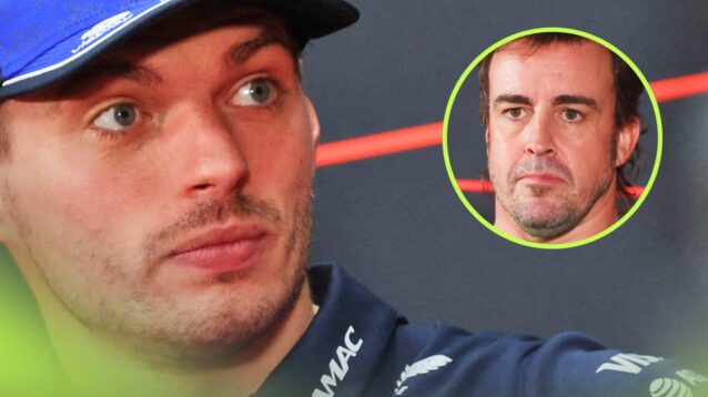 Max Verstappen looks surprised in a press conference with an inset of Fernando Alonso